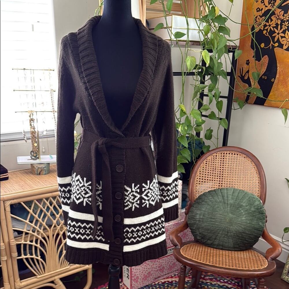 Vintage 90s/Y2K Wet Seal Chocolate Brown Belted Cardigan Boho Hippie Sweater